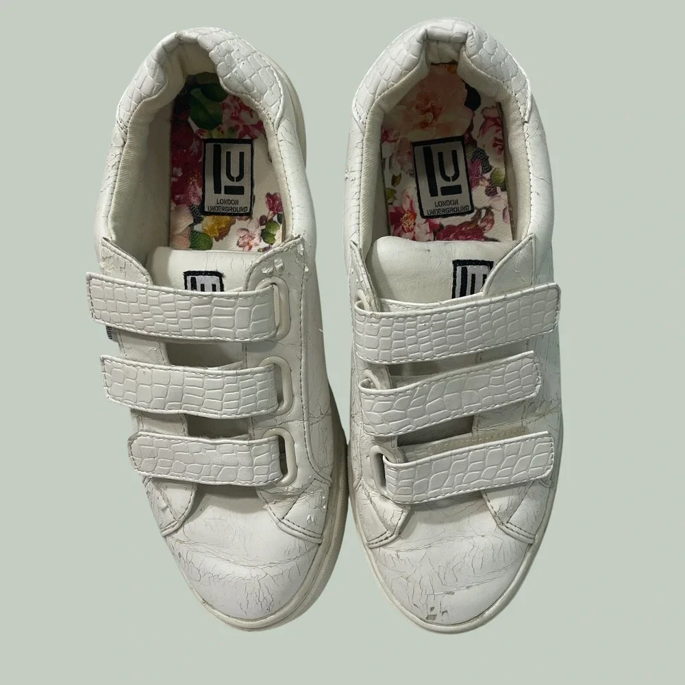 London Underground White Platform Sneakers Triple Strap Shoes Womens 7M
